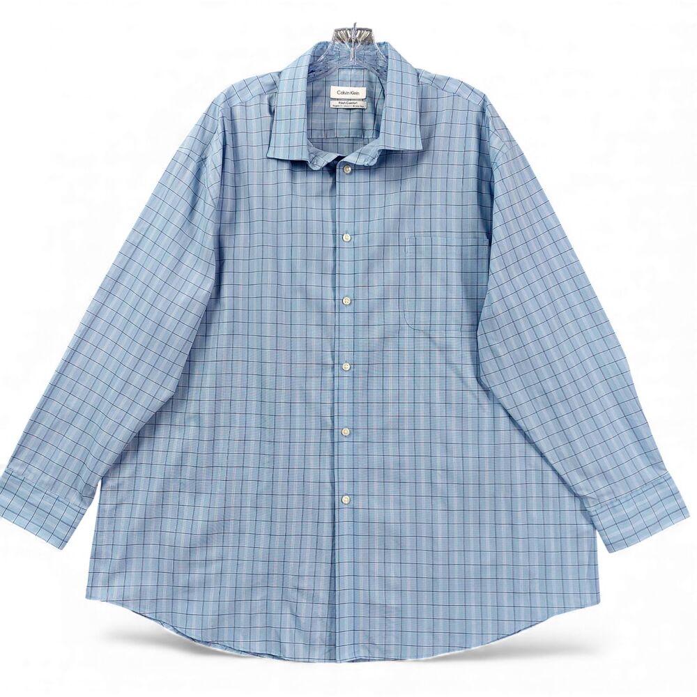 Calvin Klein Fresh Comfort Men’s Dress Shirt 17.5 36/37 Blue Check Regular Fit